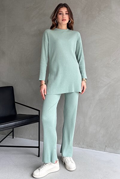 EYYE Διπλό Σετ Γυναικεία Μπλούζα και Παντελόνι από Πράσινο Βαμβακερό Σχέδιο