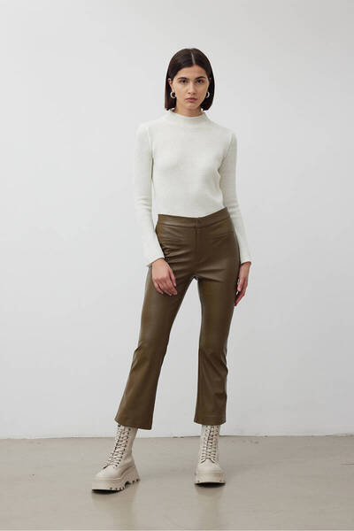 BE BLUE Green Flare Leather Trousers