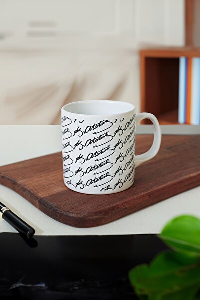 Keramika Atatürk İmza Siyah Beyaz Silindir Kupa