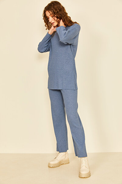 EYYE Indigo modrá bavlněná žebrovaná dámská halenka a kalhoty dvoudílný set