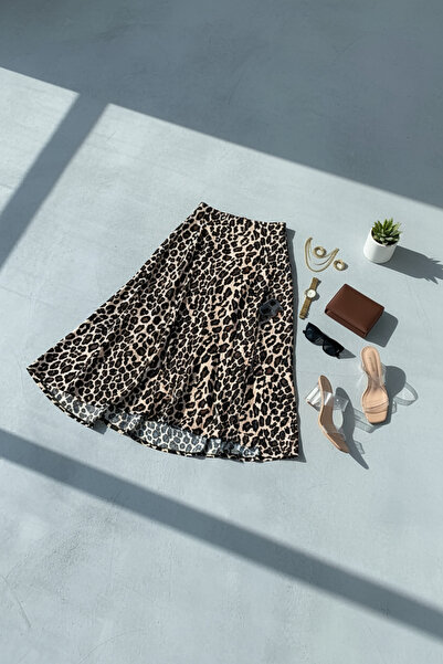 Genel Markalar Leopar Desenli Uzun Bürümcük Kloş Etek