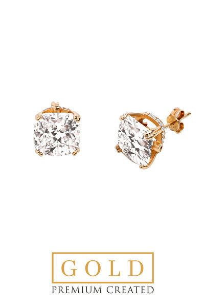 So CHIC... 14 Ayar Sarı Altın Sertifikalı Premium Created Cushion Taşlı Tektaş Küpe