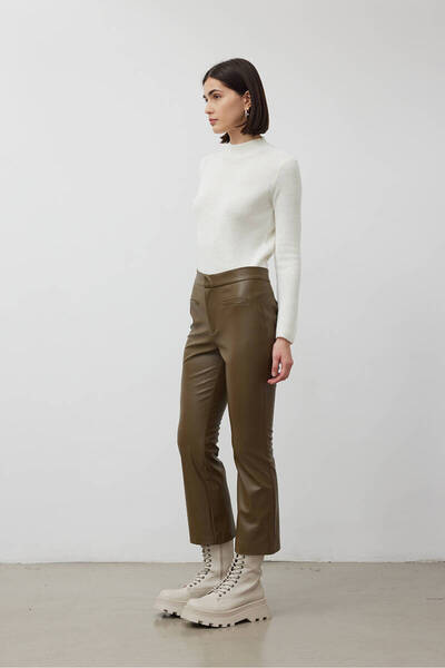 BE BLUE Green Flare Leather Trousers