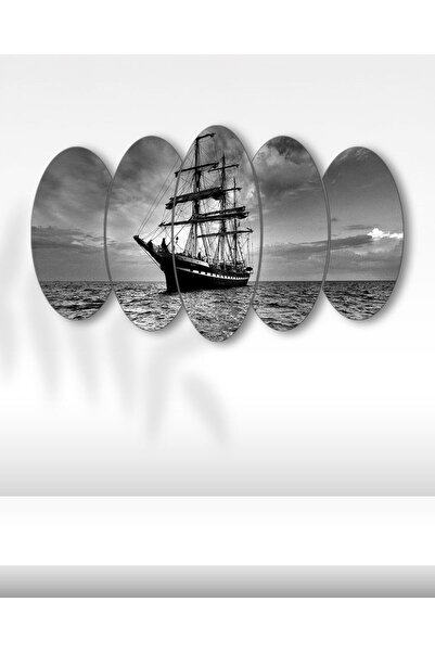 EVLOYA Siyah Beyaz Yelkenli Gemi - 5 Parçalı Tablo