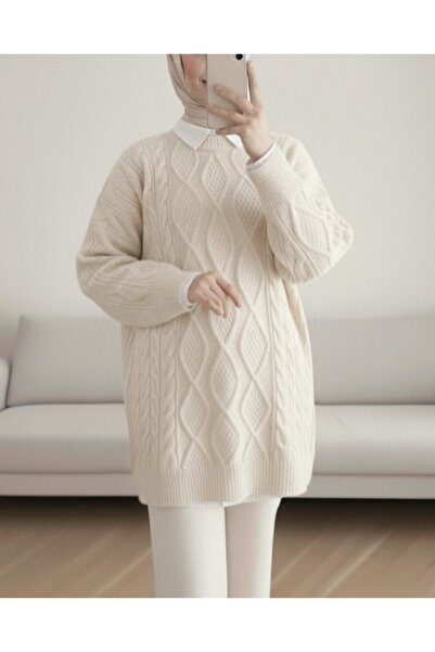 Modamorfo Honeycomb Pattern Winter Casual Knit Sweater - Ecru