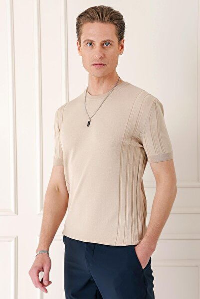 Efor Slim Fit Bisiklet Yaka Kısa Kol Bej Triko Tr 869