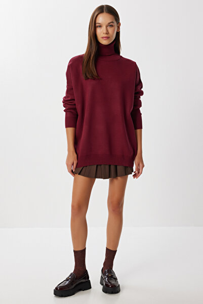 Lovelyİstanbul Balıkçı Yaka Oversize Triko Kazak BORDO LBV0011