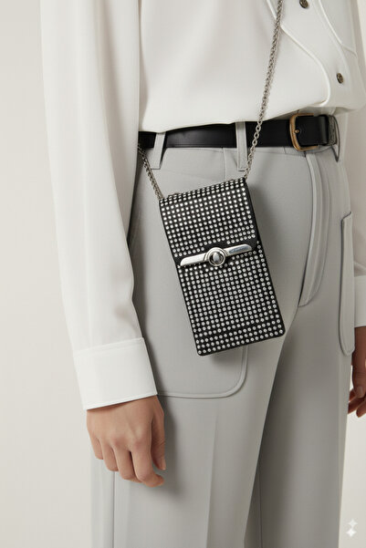 birizmoda Geantă pentru telefon cu curea cu lanț pentru femei - neagră