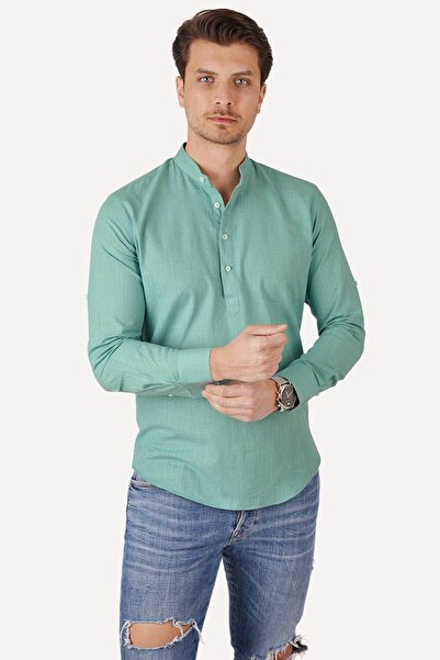 Etikmen Μέντα πράσινο λινό πουκάμισο Slimfit τριών κουμπιών με κουτί δώρου