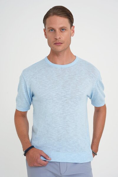 Efor Comfort Fit Bisiklet Yaka Kısa Kol Spor Mavi Triko Tr 881