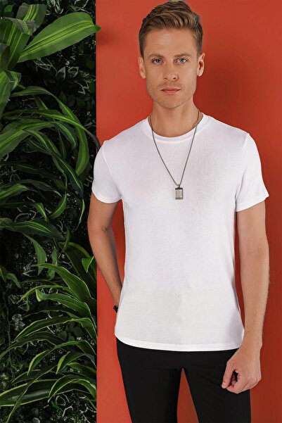 Efor Slim Fit Bisiklet Yaka Düz Pamuklu Beyaz Tişört Ts 823
