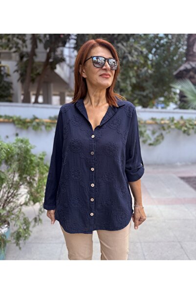 DenizEge Brode Pattern Shirt Navy Blue