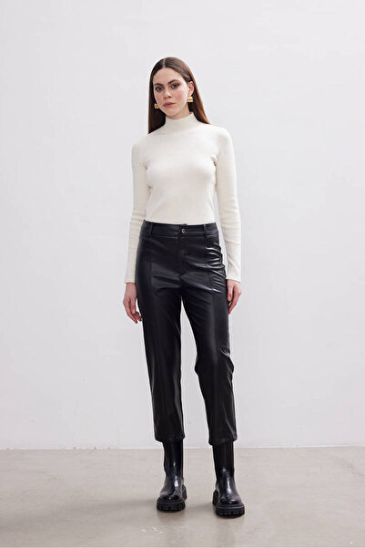 BE BLUE SİYAH DİKİŞ DETAYLI DERİ PANTOLON