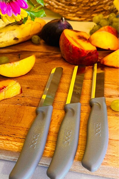 Rooc 3'lü Ultra Keskin Tırtıklı Gri Bıçak Seti, 22 Cm %100 Garantili Paslanmaz Çelik