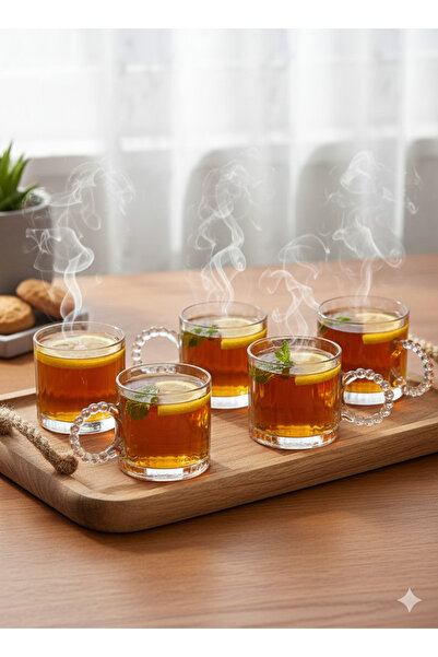 BÜYÜLÜ HOME 6 Lı Cam Boncuk Kulplu Bardak Kupa Çay Kahve Meşrubat Bardağı 325ml