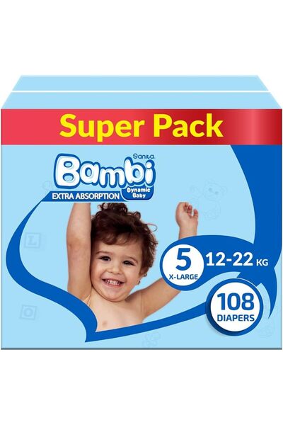 Sanita Bambi , مقاس 5، كبير جدًا، 12-22 كجم، صندوق سوبر، 108 حفاضة