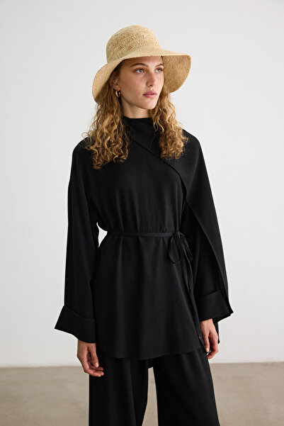 BE BLUE Black Scarf Detail Krinkil Bluz