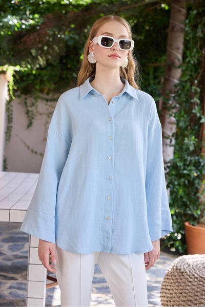 BE BLUE Cămașă de muselină cu mânecă kimono albastră