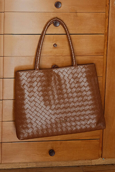 BE BLUE Tan Colored Knitted Detailed Tote Bag