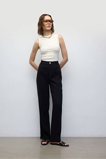 BE BLUE Black Linen Palazzo Trousers