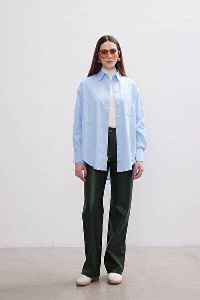 BE BLUE YEŞİL GENİŞ PAÇA DERİ PANTOLON