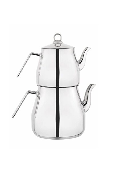 Kapris Lines Pyramid Stainless Steel Teapot Set Sülale Size XXL Metal Handle 3070