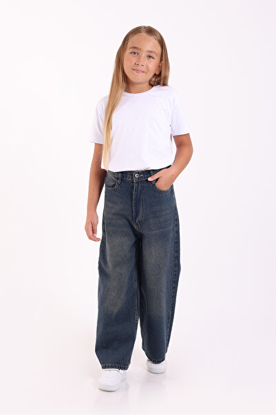 Pafim Kız Çocuk Rahat Kalıp Kot Pantolon,Beli Lastikli Bol Paça Pantolon Wide Leg 8-15 Yaş