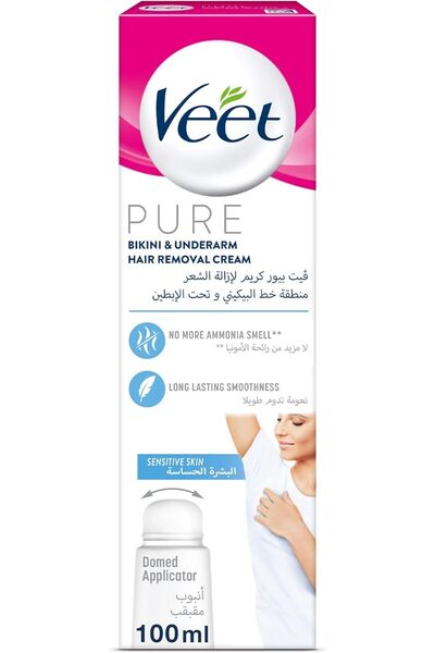 Veet Pure Bikini & Underarm Hair Removal Cream with Domed Applicator for Sensitive Skin - 100ml