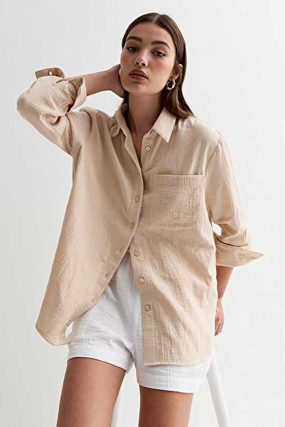 Seeh Bej Uzun Kollu Cepli Müslin Gömlek SH158