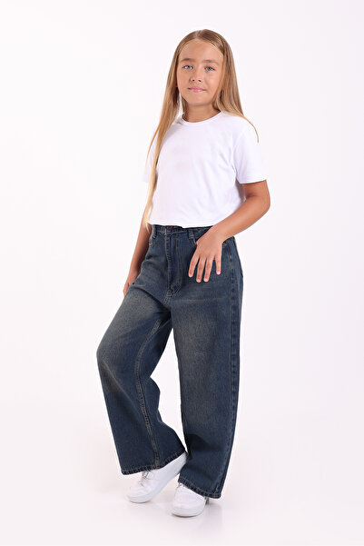 Pafim Kız Çocuk Rahat Kalıp Kot Pantolon,Beli Lastikli Bol Paça Pantolon Wide Leg 8-15 Yaş