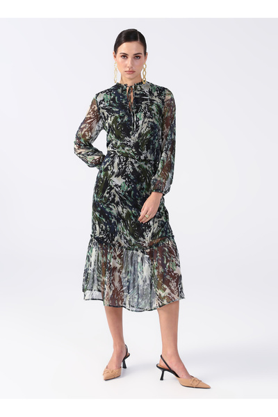 Fabrika Hakim Yaka Desenli Yeşil - Çok Renkli Midi Kadın Elbise YMN-32