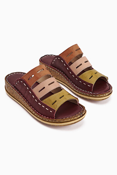 Limoya Γυναικείες παντόφλες από γνήσιο δέρμα Joelle Burgundy Green Powder Orange Comfort Laser Cut