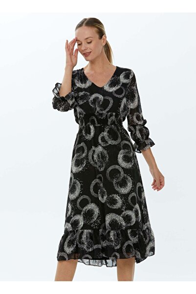 Selen V Yaka Emprime Siyah Standart Kadın Elbise 22KSL7200