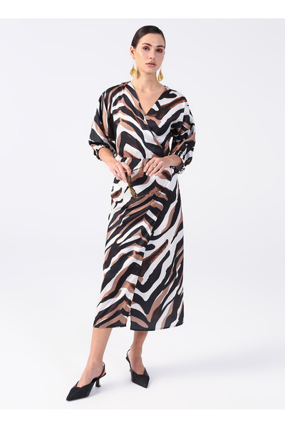 Fabrika Kruvaze Yaka Desenli Siyah - Kahve Midi Kadın Elbise YMN-3