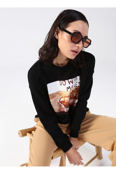 Fabrika Bisiklet Yaka Baskılı Siyah Kadın Sweatshırt SELINE