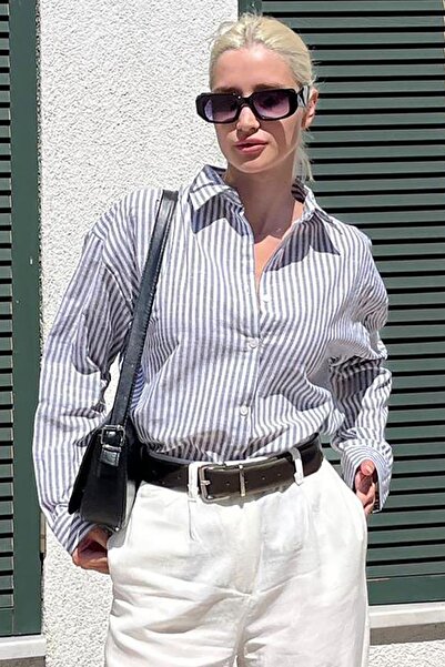 Seeh Siyah Çizgili Düğme Detaylı Oversize Uzun Kollu Kadın Gömlek SH180