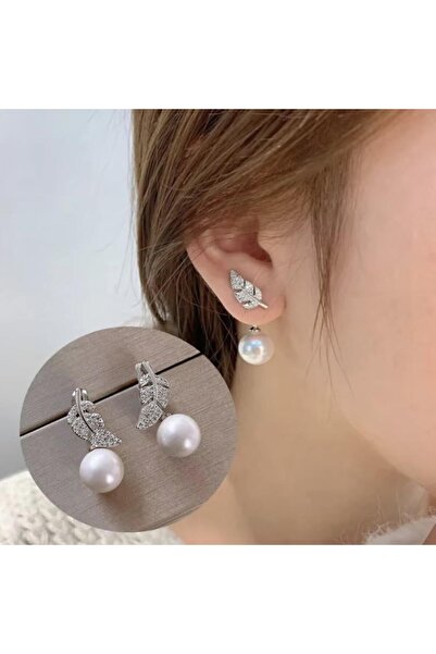 HOBİSY GIFT SHOP Zarif İnci Detaylı Yaprak Figürlü Çelik Küpe - Özel Tasarım Gümüş Renk