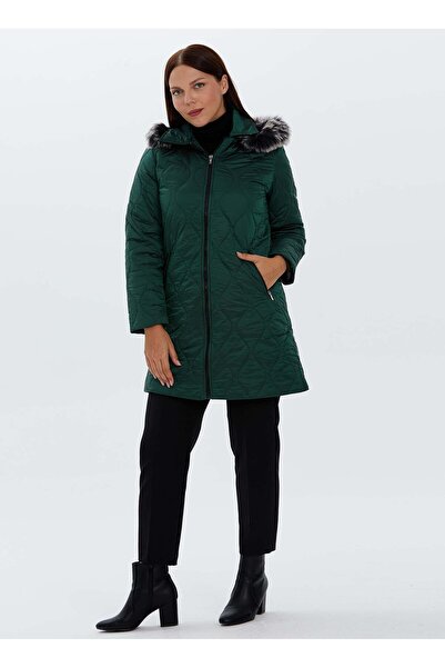 Selen Yeşil Kadın Düğmeli Bisiklet Yaka Kürklü Mont 22KSL6004