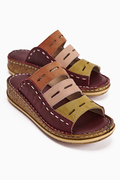 Limoya Γυναικείες παντόφλες από γνήσιο δέρμα Joelle Burgundy Green Powder Orange Comfort Laser Cut