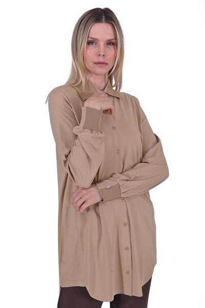 Invee Риза от пениран памук с модал, цвят CAMEL