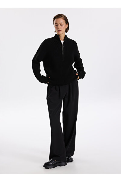 Fabrika Siyah Kadın Fermuarlı Geniş Fit Düz Kazak KATTEN