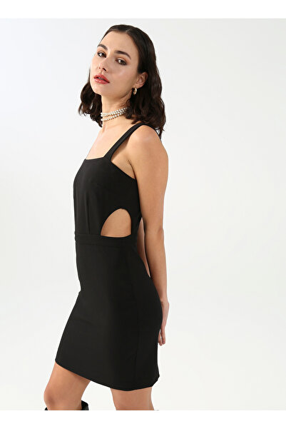 Fabrika Kare Yaka Düz Siyah Mini Kadın Elbise CHR-11