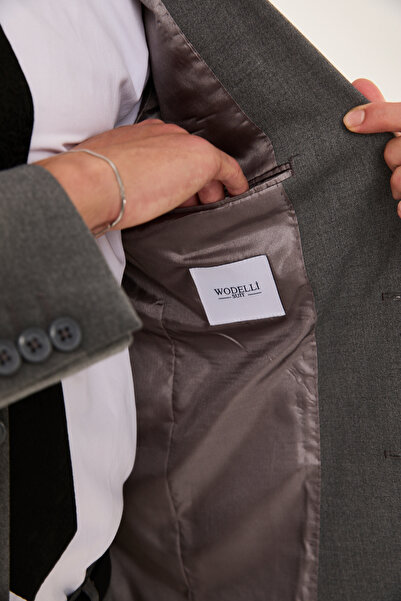 wodelli Erkek Slim Fit Gri Mono Yaka Likralı Çift Yırtmaçlı Takım Elbise