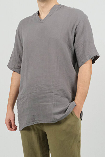 SİDE OTANTİK Ribbed Collar Oversize Muslin Half Sleeve Comfort Smoked Men's T-Shirt