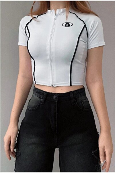 EDVESS White Crop T-Shirt with Embroidered Zipper Detail