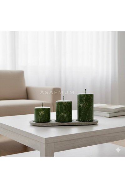 ASAF MUM Yeşil Mermer Desenli Mum Kokulu Çap7 boy 6,9,12 cm