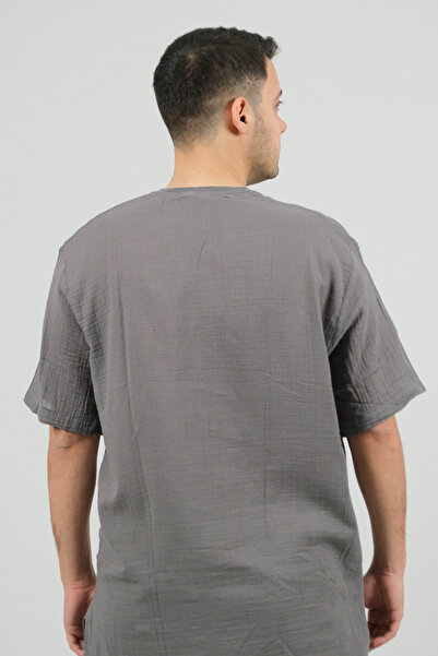 SİDE OTANTİK Ribbed Collar Oversize Muslin Half Sleeve Comfort Smoked Men's T-Shirt