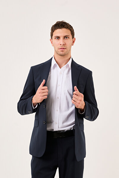 wodelli Erkek Slim Fit Lacivert Mono Yaka Likralı Çift Yırtmaçlı Takım Elbise