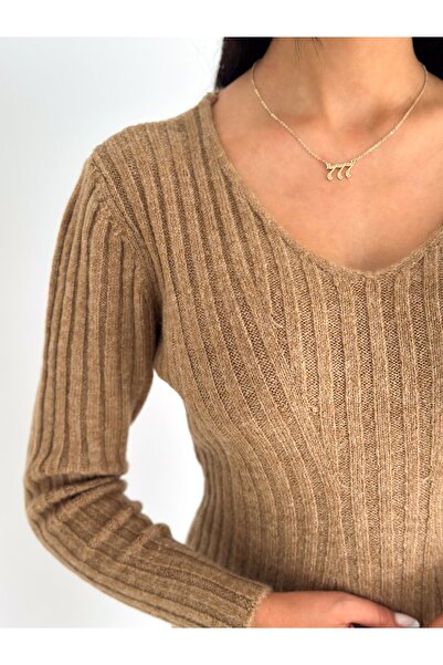 Brantu Γυναικείο πλεκτό φόρεμα με μακρύ μανίκι με λαιμόκοψη σε σχήμα V