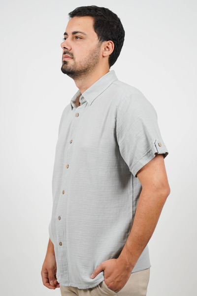 SİDE OTANTİK Men's Muslin Regular Fit Short Sleeve Breathable Casual Gray Shirt